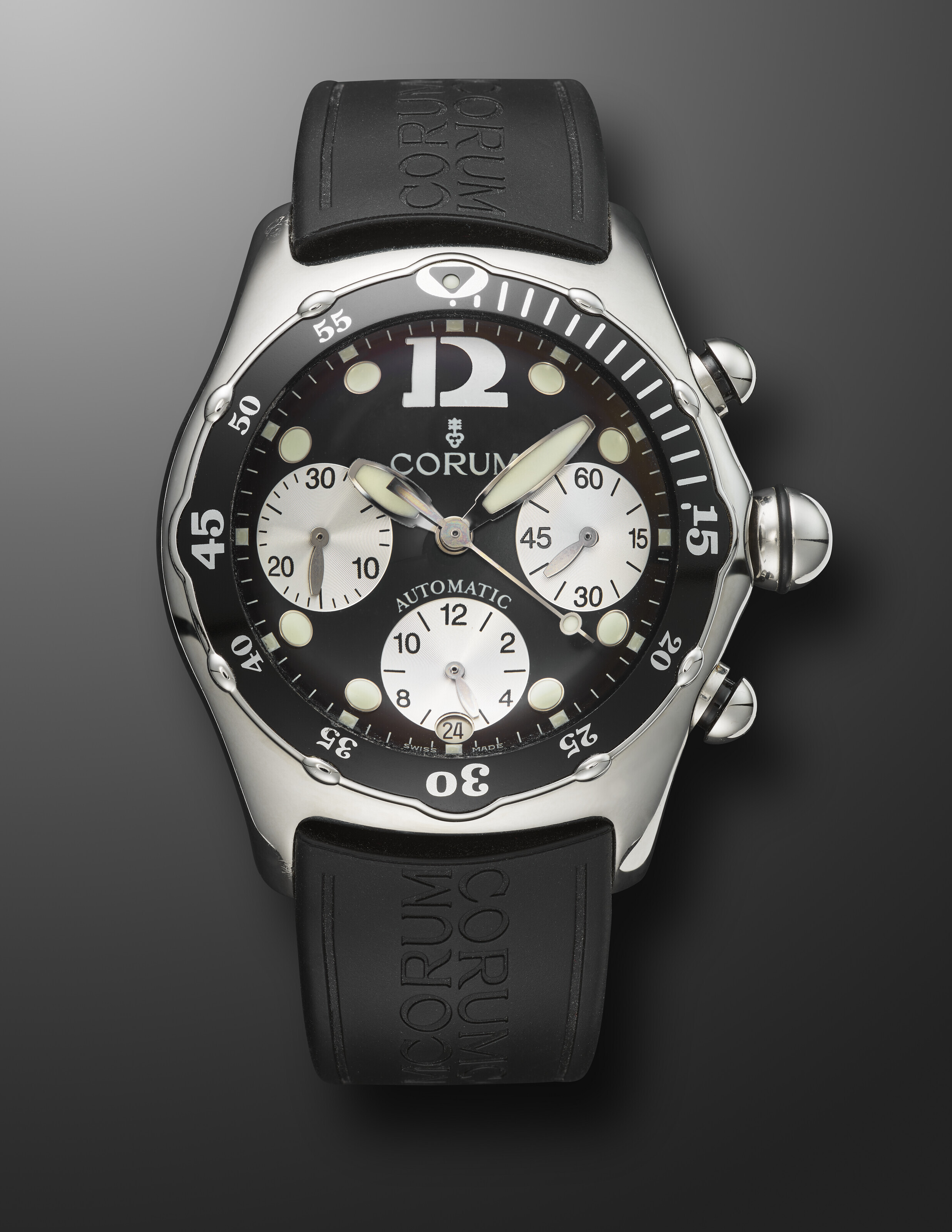 Corum Boutique Bubble Quartz Chronograph Black/Silver Dial SS Case White Leather Corum Bubble Chronograph Black Carbon Midnight Midnite Dial  main image 4