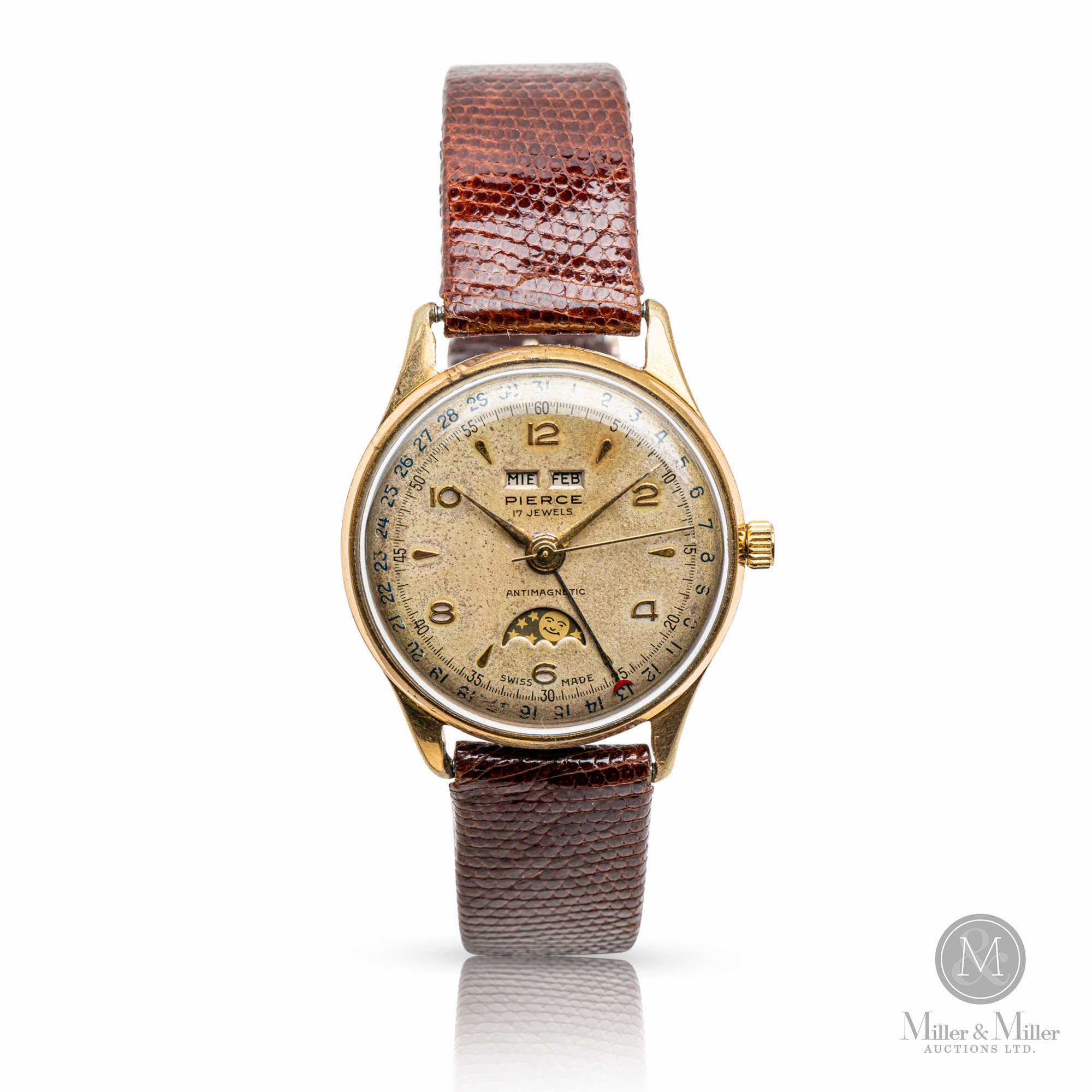 Pierce 17 jewels watch A gold on steel wristwatch, Pierce 17 Jewels, mid 20th  main image 3