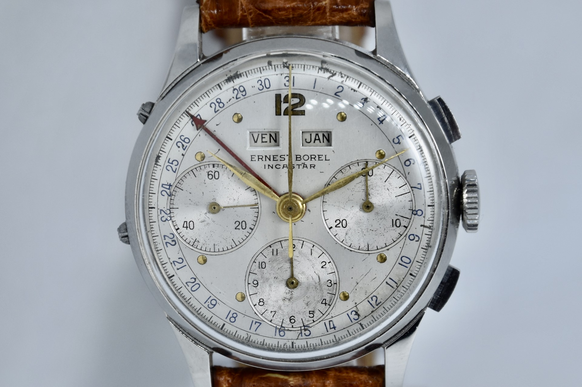 Ernest Borel Incastar Triple Calendar Stainless steel White 1950